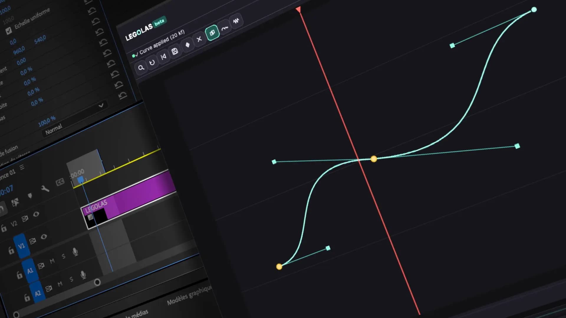 Capture d'écran du plugin LEGOLAS (version bêta) ouvert dans Premiere Pro, présenté de biais. Le panneau LEGOLAS affiche « Curve applied (20 kf) » au-dessus d'un grand éditeur de courbe d'animation : une courbe d'accélération en forme de S, tracée en turquoise avec ses poignées de contrôle et traversée par une tête de lecture rouge. À gauche, une timeline Premiere Pro montre un clip violet nommé « LEGOLAS » et un panneau d'options d'effet en français (Échelle uniforme, Normal…).