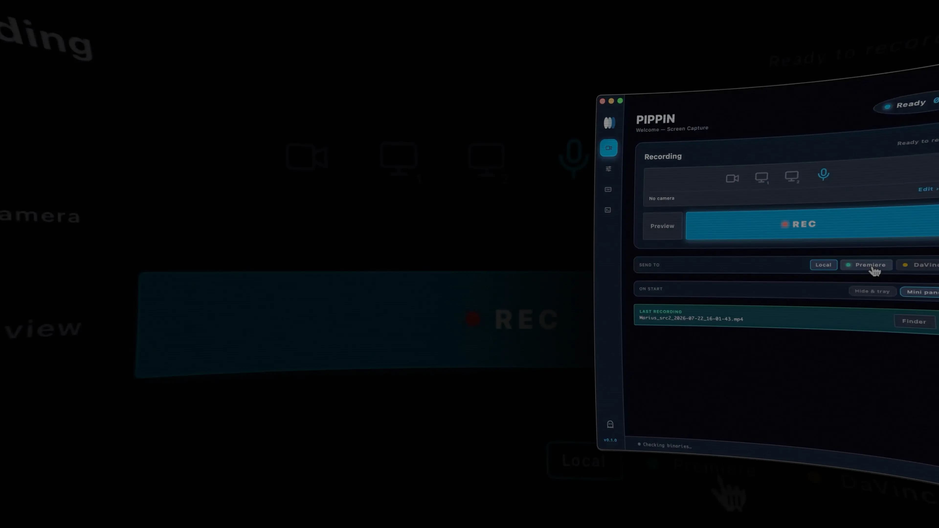 Capture d'écran de l'interface de l'application PIPPIN, un outil de capture d'écran (« Screen Capture »), sur un écran sombre aux accents bleus. En haut, le titre PIPPIN et un badge « 4 cam, 3 screens, 6 audio · 00:00 ». Un panneau « Recording » affiche le statut « Ready to record », des icônes de sources (caméra, deux écrans, microphone), la source « Cam Link 4K », un bouton « Preview » et un grand bouton bleu « REC ». En bas, une barre « SEND TO » propose les destinations Local, Premiere et DaVinci.